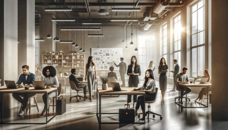 Grupo diverso de emprendedores reunidos en un moderno espacio de coworking, laptops y pizarras interactivas al fondo.