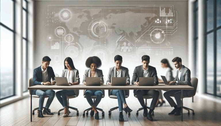 Equipo multicultural de jóvenes emprendedores trabajando en laptops en una sala de reuniones moderna, fondo tecnológico desenfocado.