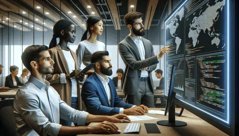 Primer plano de un equipo de trabajo multicultural en oficina moderna interactuando con una pantalla de código y gráficos digitales.