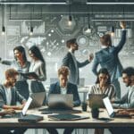 Emprendedores colaborando en un espacio coworking moderno, rodeados de laptops y pizarras digitales.