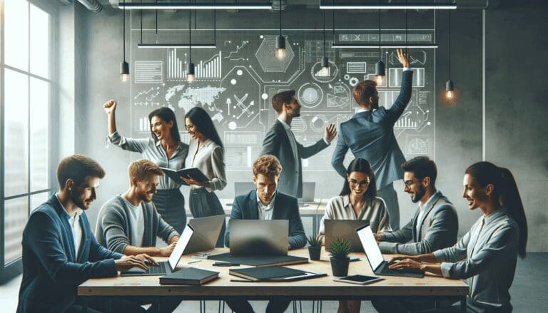 Emprendedores colaborando en un espacio coworking moderno, rodeados de laptops y pizarras digitales.