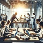 Mesa de trabajo con computadoras portátiles y jóvenes emprendedores colaboradores en un ambiente moderno.