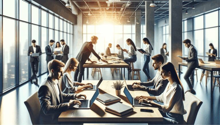 Mesa de trabajo con computadoras portátiles y jóvenes emprendedores colaboradores en un ambiente moderno.