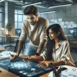 Dos emprendedores colaborando en un moderno espacio de trabajo rodeados de tecnología y pantallas.