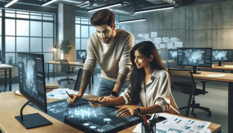 Dos emprendedores colaborando en un moderno espacio de trabajo rodeados de tecnología y pantallas.