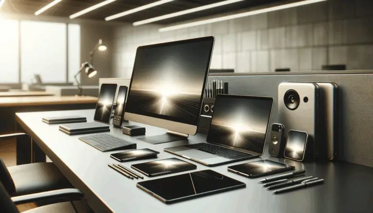 Primer plano de dispositivos electrónicos sobre una mesa de trabajo moderna en oficina de tecnología.