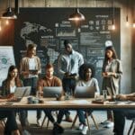 Equipo diverso de emprendedores en una sala de reuniones moderna, colaborando frente a pizarras digitales.