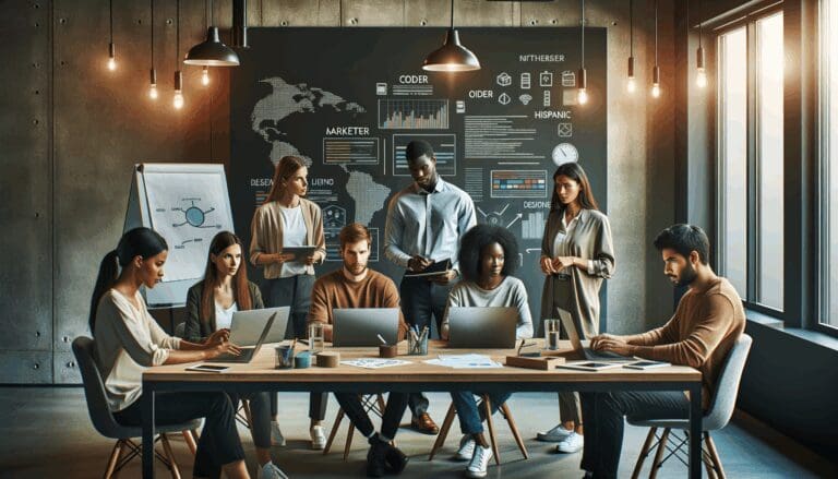 Equipo diverso de emprendedores en una sala de reuniones moderna, colaborando frente a pizarras digitales.