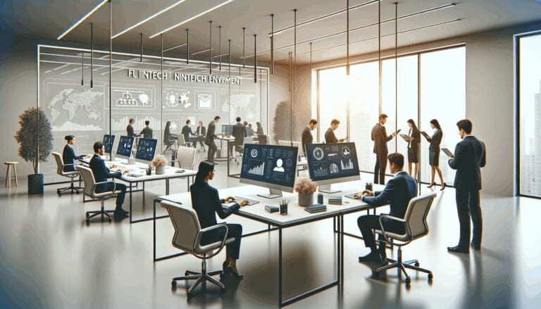 Oficina moderna con equipos fintech, computadoras y empleados colaborando en un ambiente tecnológico.