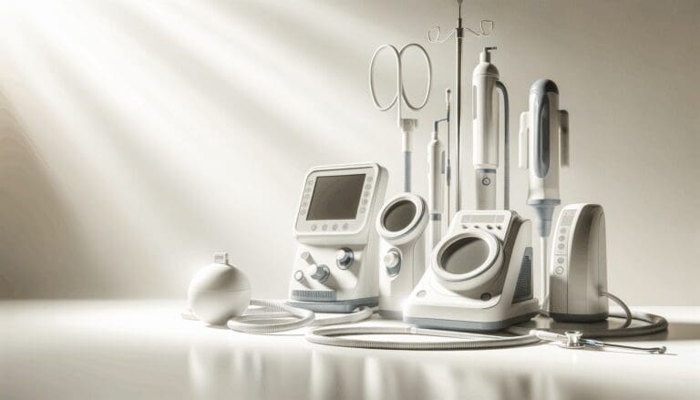 Primer plano de dispositivos médicos modernos sobre fondo blanco con luz natural.
