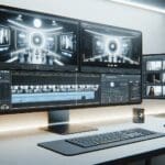 Primer plano de una estación de trabajo tecnológica con pantallas mostrando edición de video mediante inteligencia artificial.