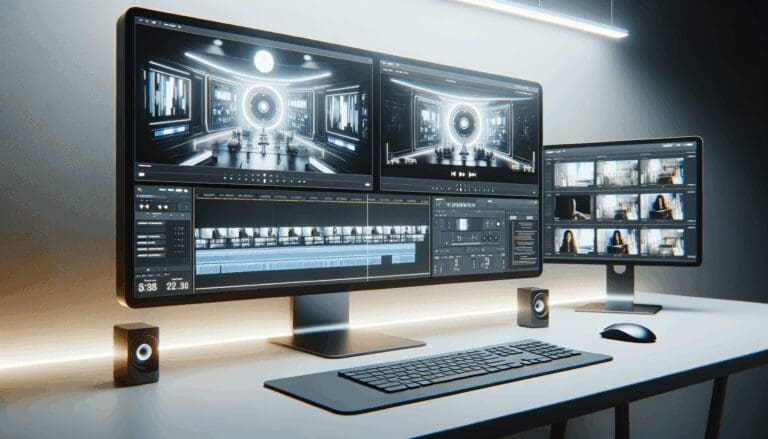 Primer plano de una estación de trabajo tecnológica con pantallas mostrando edición de video mediante inteligencia artificial.