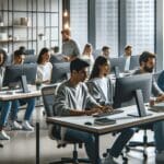 Oficina moderna de startup latinoamericana con programadores trabajando en computadoras y ambiente colaborativo.