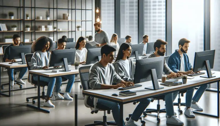 Oficina moderna de startup latinoamericana con programadores trabajando en computadoras y ambiente colaborativo.