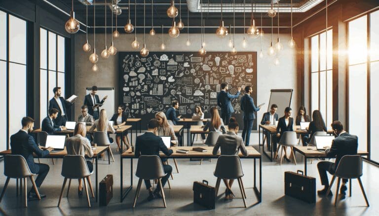 Emprendedores reunidos en un espacio de coworking moderno, laptops abiertas y pizarras con ideas.