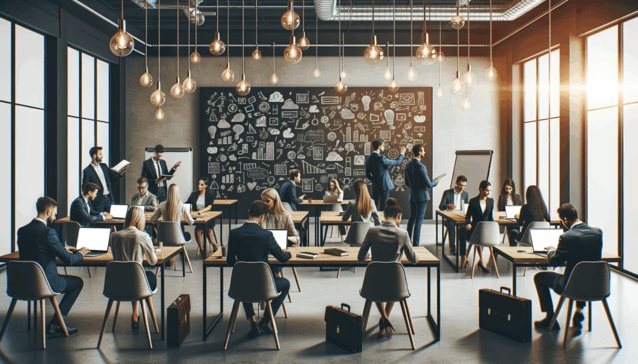 Emprendedores reunidos en un espacio de coworking moderno, laptops abiertas y pizarras con ideas.