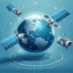Ilustración editorial de múltiples satélites orbitando la Tierra sobre un fondo azul tecnológico.