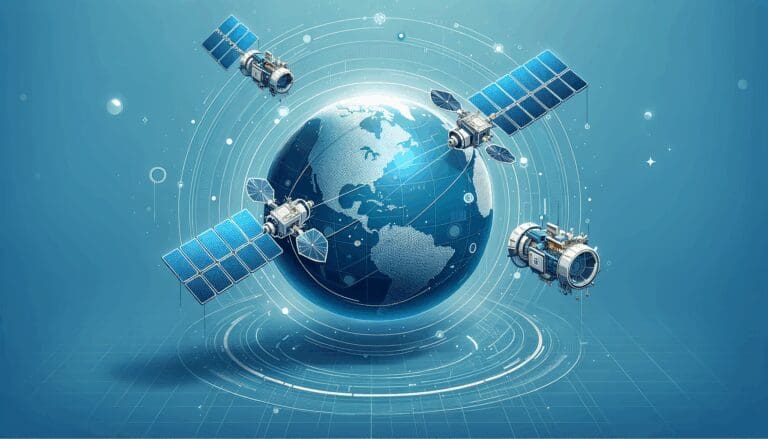 Ilustración editorial de múltiples satélites orbitando la Tierra sobre un fondo azul tecnológico.