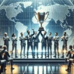 Emprendedores latinoamericanos celebrando con un trofeo en un escenario de evento internacional.