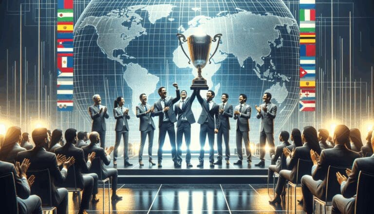 Emprendedores latinoamericanos celebrando con un trofeo en un escenario de evento internacional.