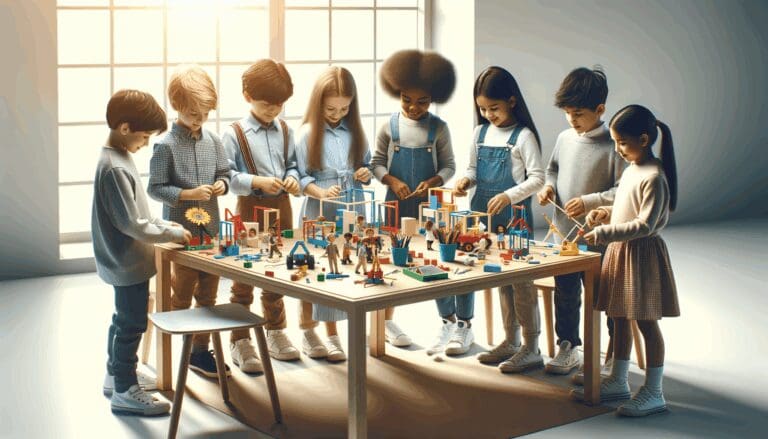 Grupo de niños colaborando en una sala luminosa, construyendo prototipos con materiales de colores sobre mesas de trabajo.