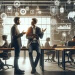 Dos emprendedores dialogando en un espacio de coworking moderno, rodeados de dispositivos tecnológicos.