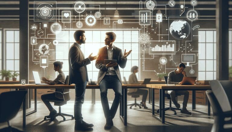 Dos emprendedores dialogando en un espacio de coworking moderno, rodeados de dispositivos tecnológicos.