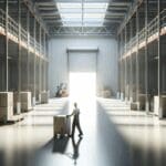 Empleado desinstalando equipos en un centro logístico vacío, tonos neutros y ambiente de cierre.