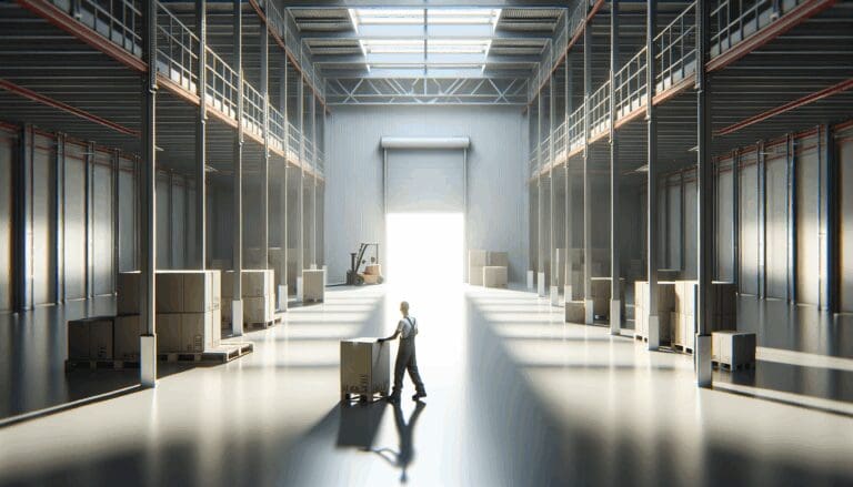 Empleado desinstalando equipos en un centro logístico vacío, tonos neutros y ambiente de cierre.