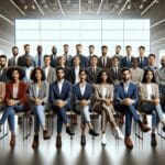 Grupo de jóvenes emprendedores celebrando en un auditorio moderno, rodeados de pantallas digitales.