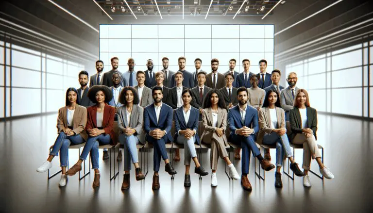 Grupo de jóvenes emprendedores celebrando en un auditorio moderno, rodeados de pantallas digitales.