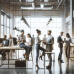 Hombres y mujeres emprendedores colaborando en un espacio de trabajo moderno y tecnológico.