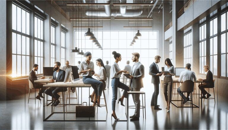 Hombres y mujeres emprendedores colaborando en un espacio de trabajo moderno y tecnológico.