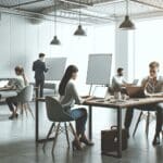 Emprendedores colaborando en un espacio de coworking moderno con laptops y pizarras.