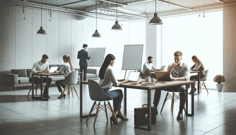 Emprendedores colaborando en un espacio de coworking moderno con laptops y pizarras.