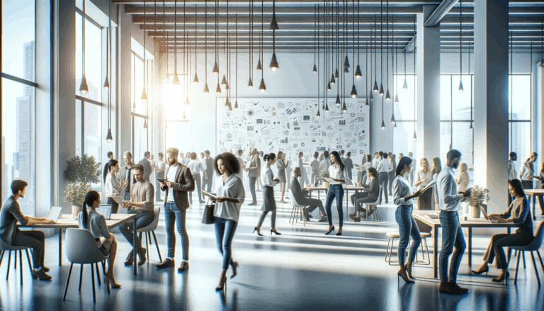 Personas interactuando en un taller moderno, pizarras llenas de notas, ambiente colaborativo y tecnológico.