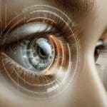 Primer plano futurista de un ojo humano usando una lentilla inteligente sobre fondo neutro con detalles de tecnología.