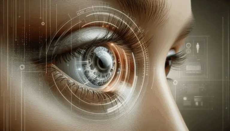 Primer plano futurista de un ojo humano usando una lentilla inteligente sobre fondo neutro con detalles de tecnología.