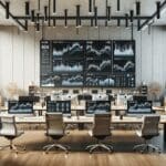 Oficina moderna con equipos multidisciplinarios colaborando y pantallas digitales mostrando gráficos financieros.