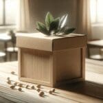 Primer plano de un empaque ecológico de madera sobre una mesa, luz natural, fondo difuminado.