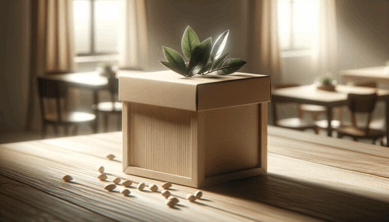 Primer plano de un empaque ecológico de madera sobre una mesa, luz natural, fondo difuminado.