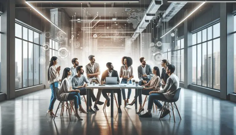 Grupo diverso de emprendedores reunidos en un coworking moderno, en discusión creativa, fondo tecnológico luminoso.