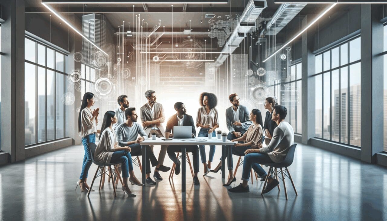 Grupo diverso de emprendedores reunidos en un coworking moderno, en discusión creativa, fondo tecnológico luminoso.