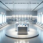 Interior de una tienda tecnológica vacía, estantes iluminados y sin clientes, ambiente moderno y corporativo.