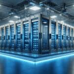 Centro de datos moderno con luces LED azules y hardware de última generación.