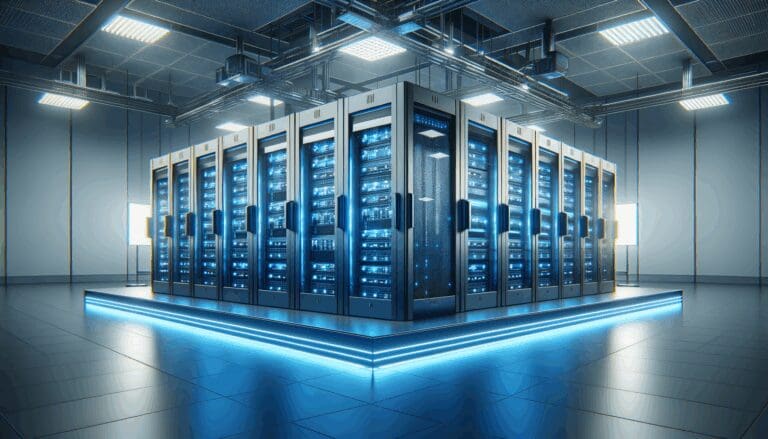 Centro de datos moderno con luces LED azules y hardware de última generación.