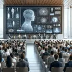 Auditorio moderno lleno de jóvenes emprendedores y pantallas que muestran tecnología de inteligencia artificial.