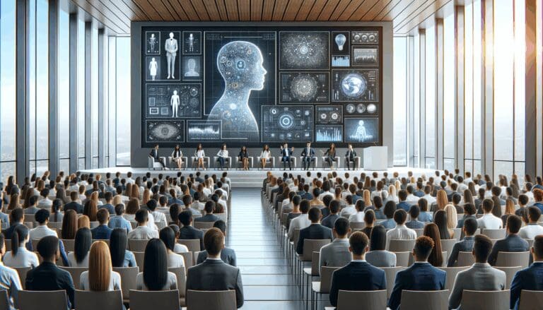 Auditorio moderno lleno de jóvenes emprendedores y pantallas que muestran tecnología de inteligencia artificial.