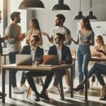 Grupo diverso de emprendedores y mentores interactuando en un moderno espacio de coworking, rodeados de laptops y pizarras.