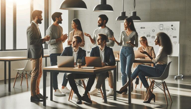 Grupo diverso de emprendedores y mentores interactuando en un moderno espacio de coworking, rodeados de laptops y pizarras.